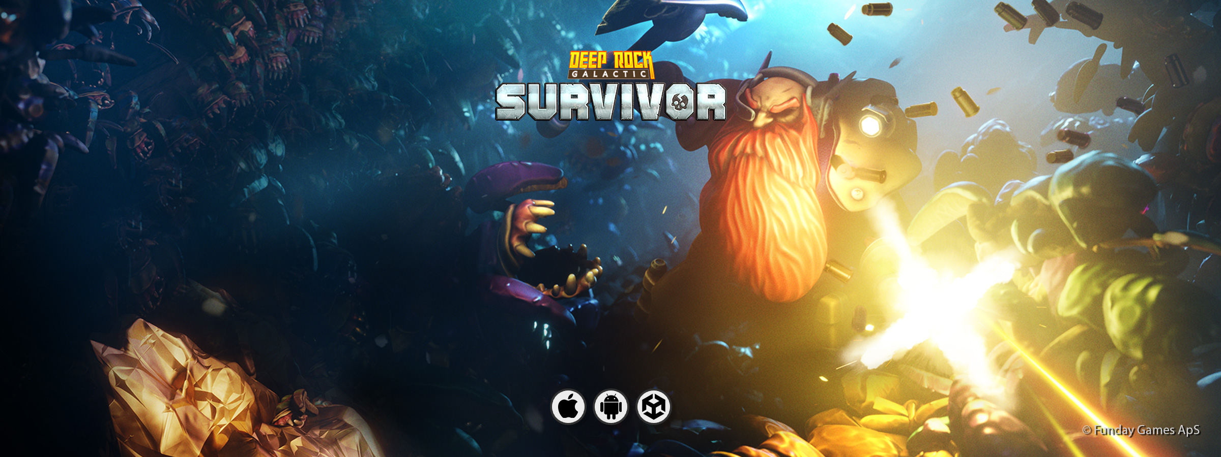 A banner for the video game Deep Rock Galactic: Survivor developerd by Funday Games ApS and published by Ghost Ship Publishing ApS. Ported to Android and iOS by Piktiv.