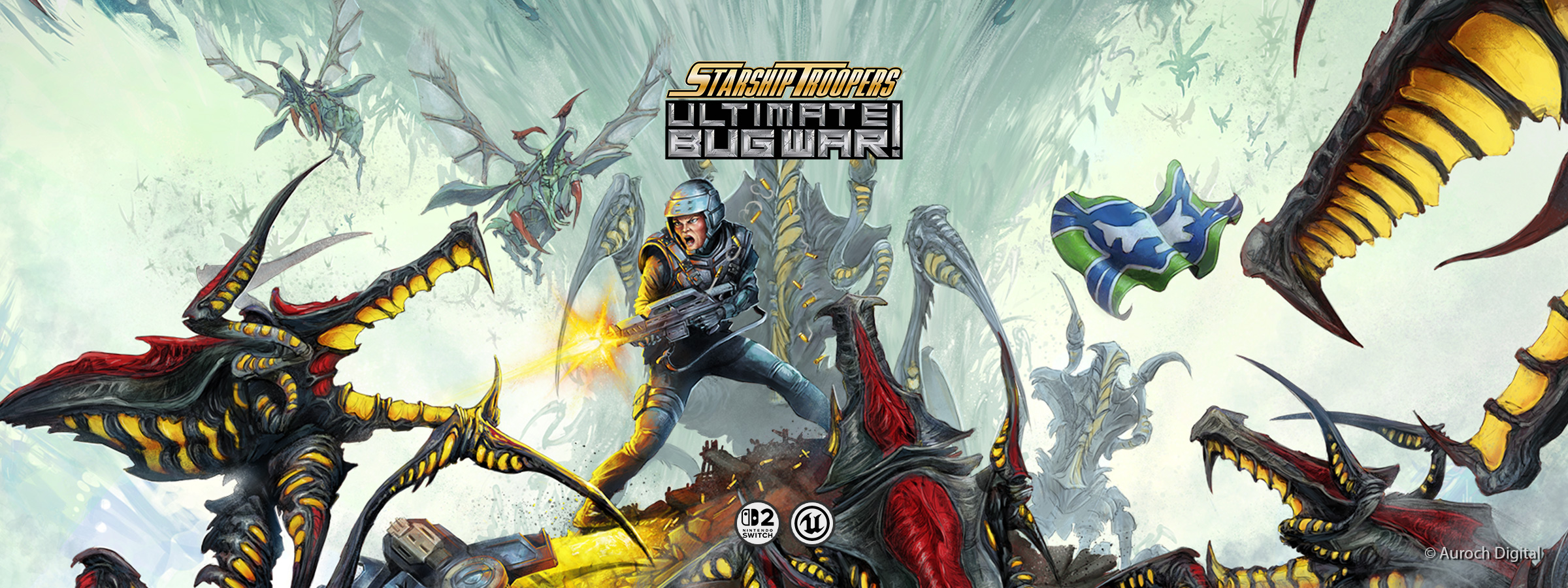 A banner for the video game Starship Troopers: Ultimate Bugwar! developerd by Auroch Digital and published by DotEmu. Ported to Nintendo Switch 2 by Piktiv.